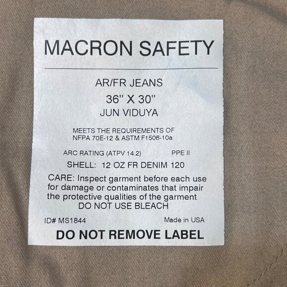 AR/FR Macron Safety 12 Oz Denim Jeans 36 X 30 OSHA COMP Flame Resistant Made USA - Picture 3 of 16